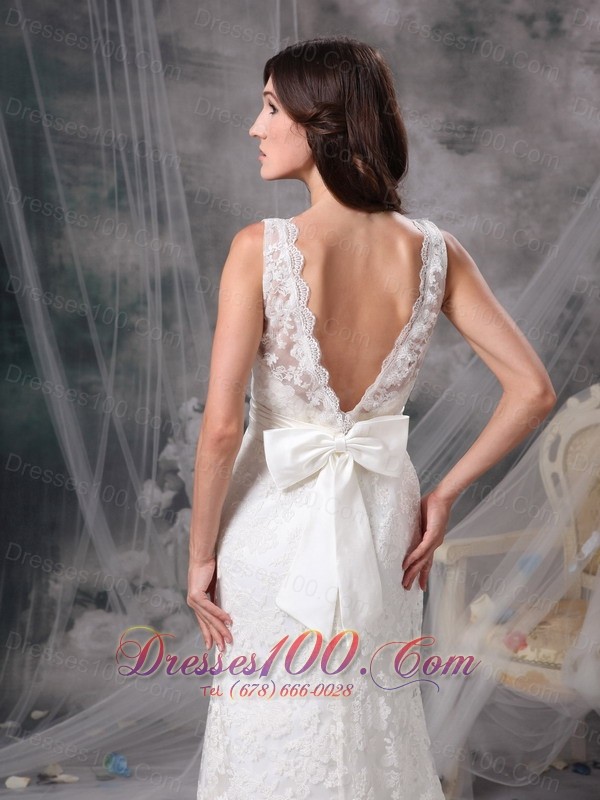 V Neck Lace Wedding Dress Brush Train Sashed