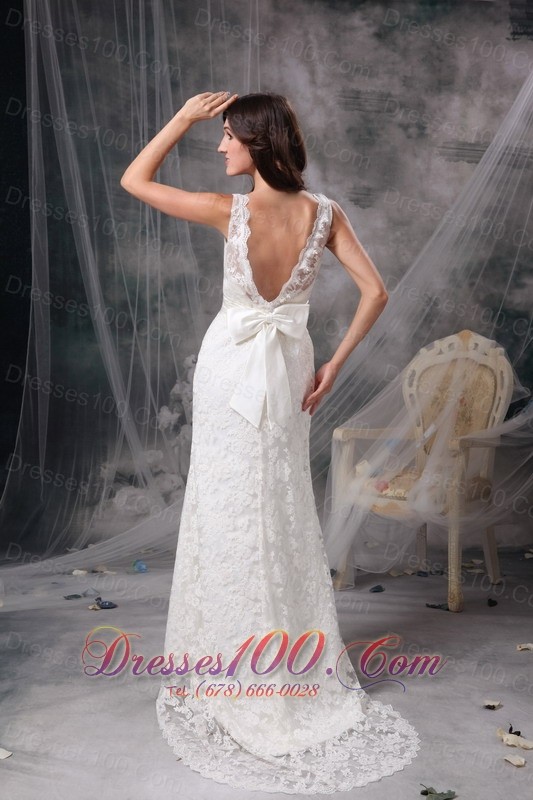 V Neck Lace Wedding Dress Brush Train Sashed