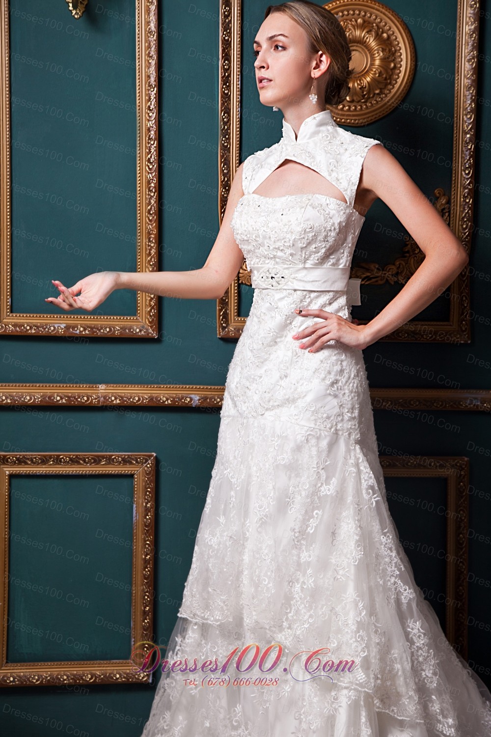 Lace High Low Chapel Train Sash Wedding Dress