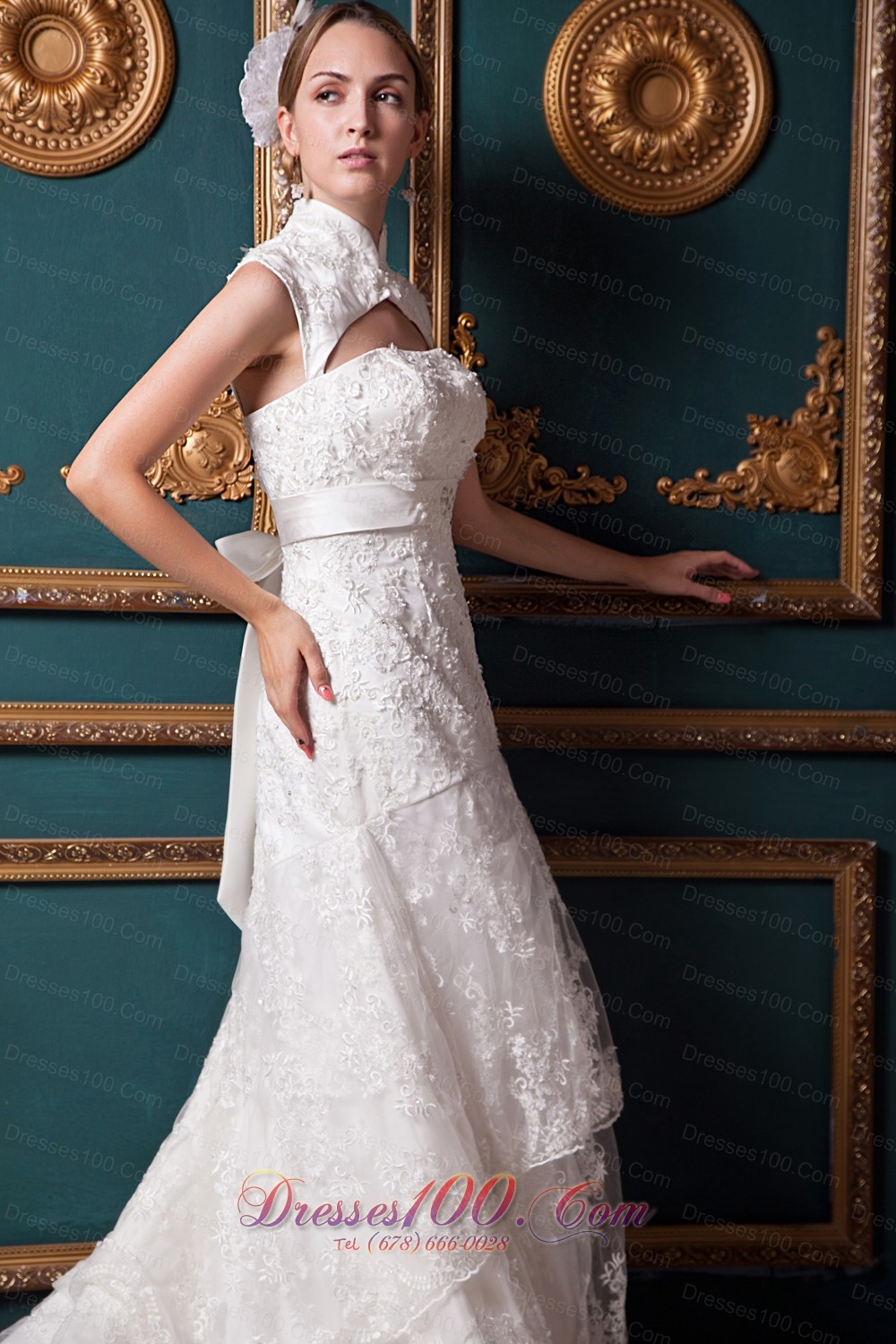 Lace High Low Chapel Train Sash Wedding Dress