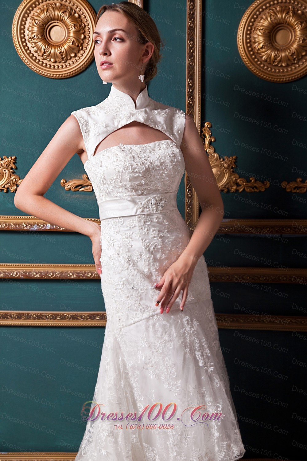 Lace High Low Chapel Train Sash Wedding Dress