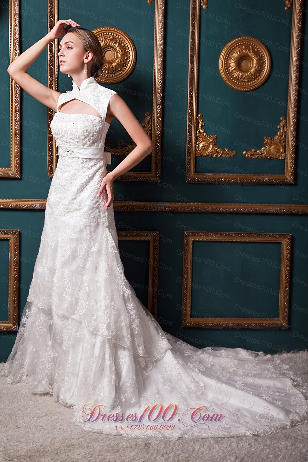 Lace High Low Chapel Train Sash Wedding Dress