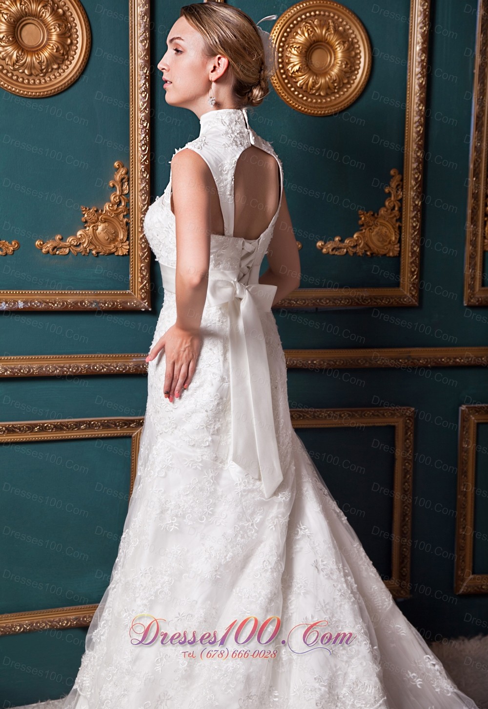 Lace High Low Chapel Train Sash Wedding Dress