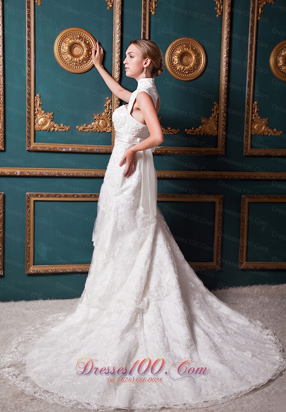 Lace High Low Chapel Train Sash Wedding Dress