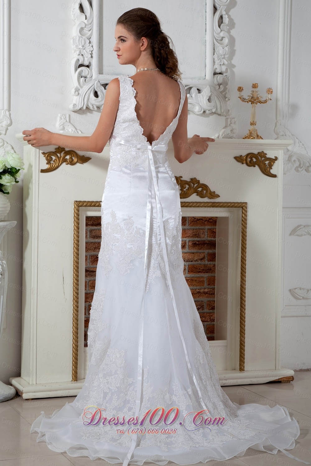 Lace V Neck Appliques Column Court Wedding Dress