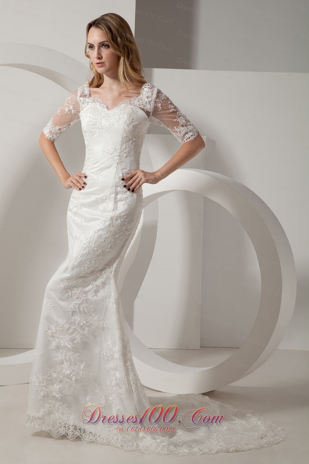 Mermaid V Neck Taffeta Lace Sleeves Wedding Dress