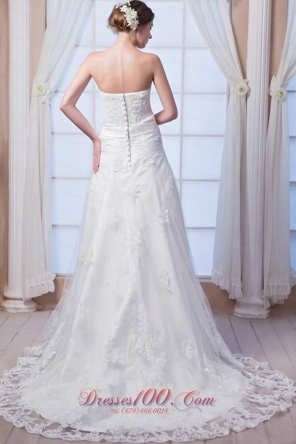 Strapless Beading Lace Wedding Dress Court Train