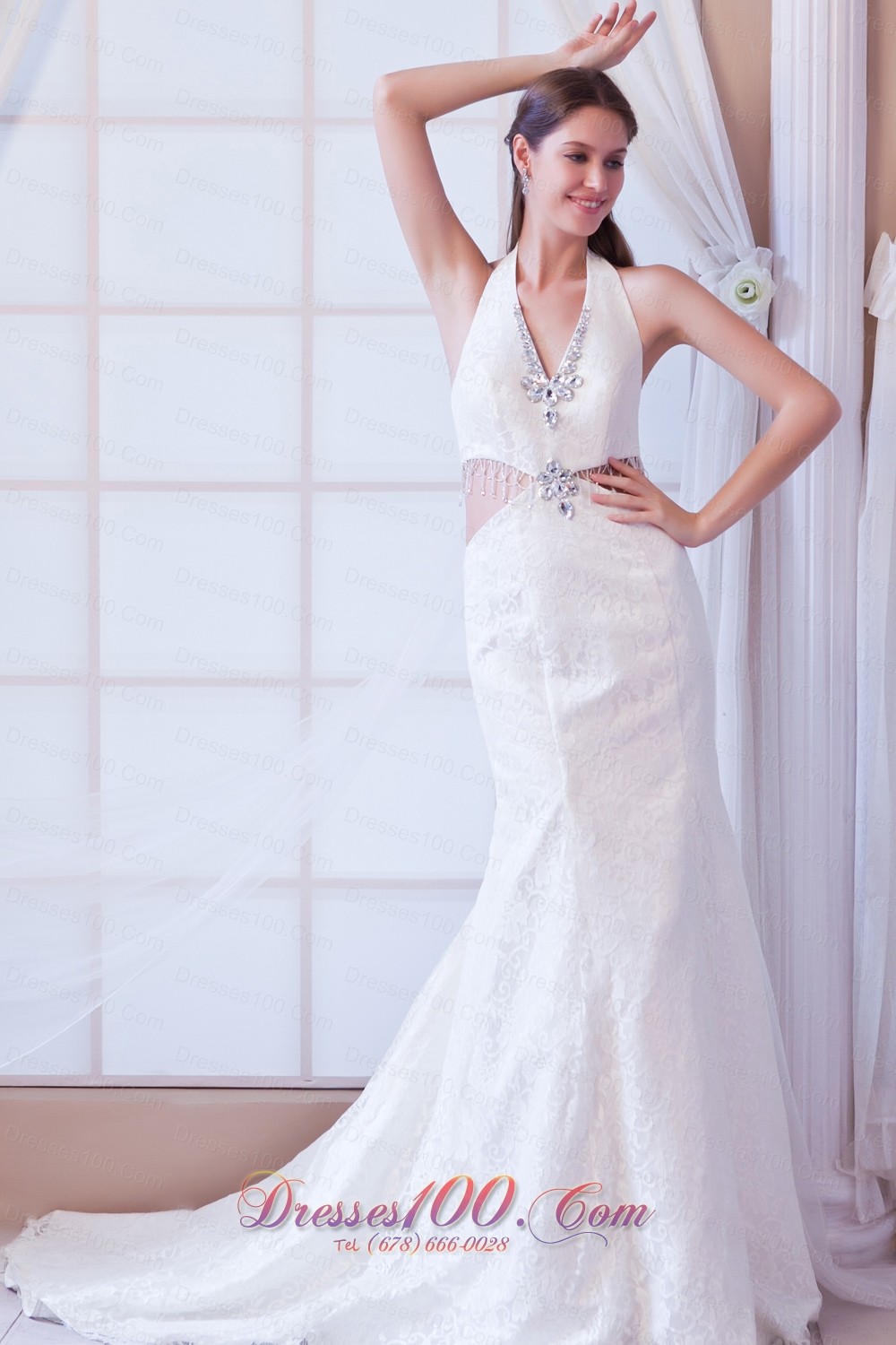 Watteau Train Halter Wedding Dress Beaded