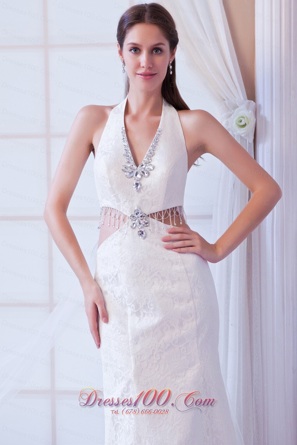 Watteau Train Halter Wedding Dress Beaded