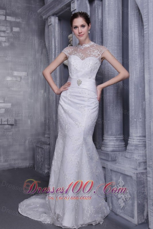 High Neck Mermaid Beaded Brush Bridal Dress
