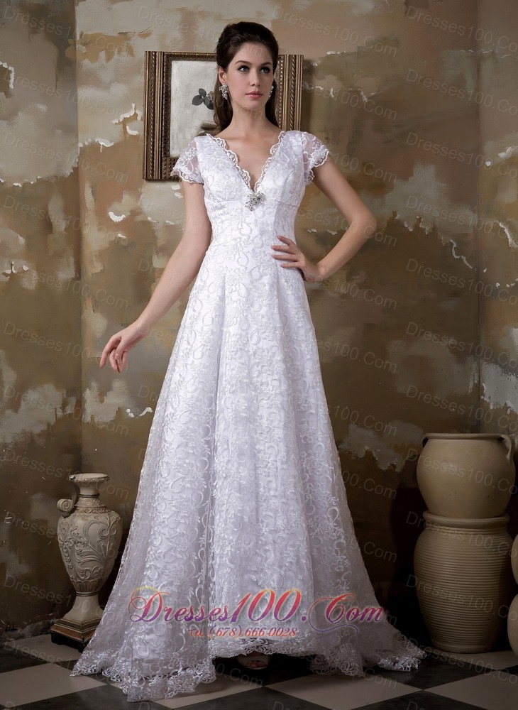 Princess Wedding Dress With V Neck Brush Train
