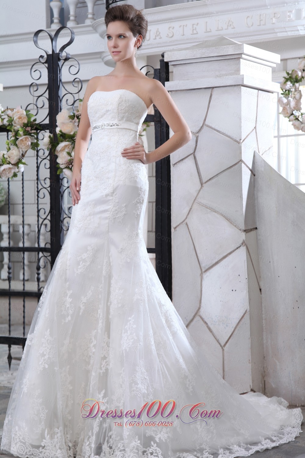 Tulle Sashed Mermaid Wedidng Dress Court Train