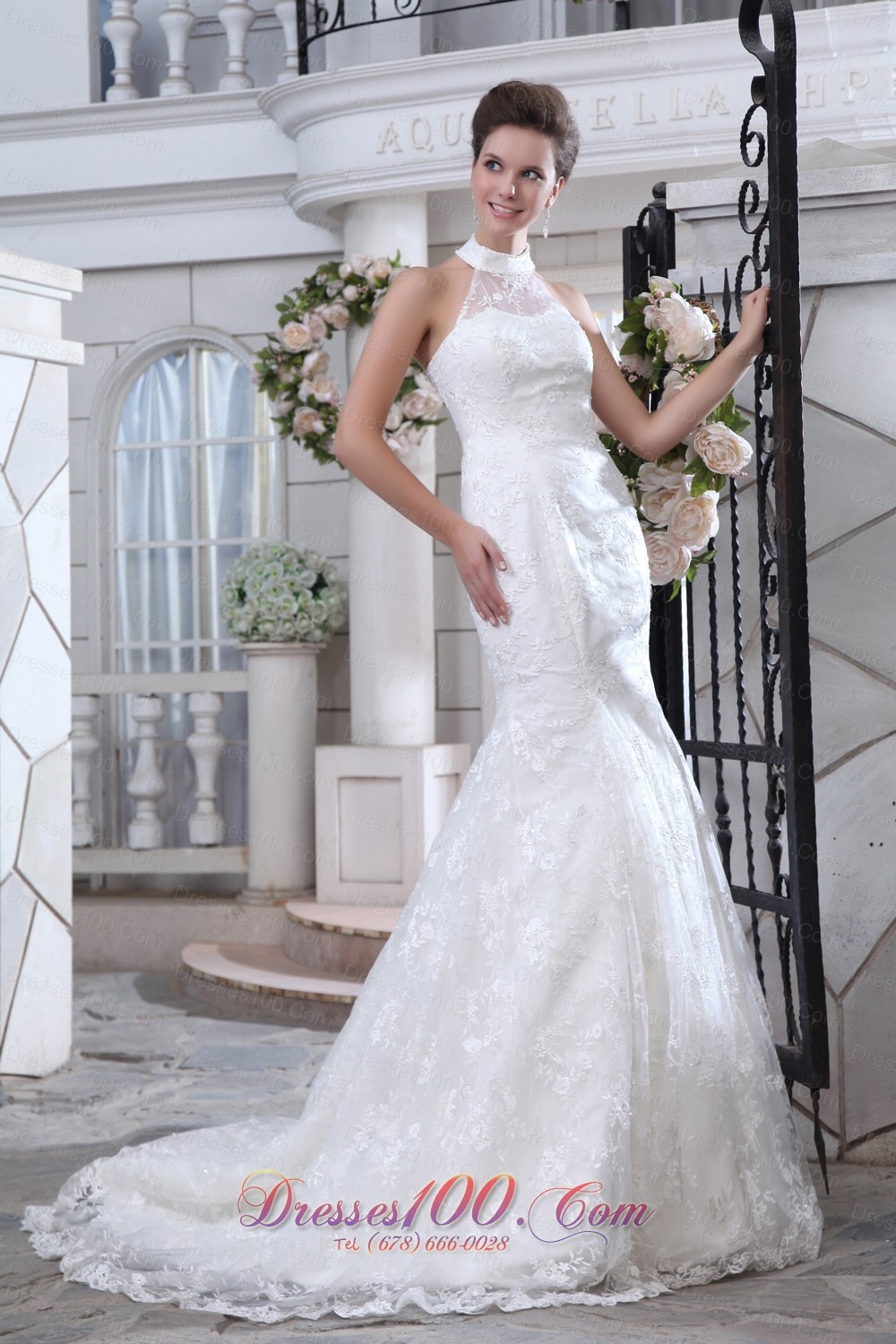 Halter Mermaid Wedding Dress Lace Court Train
