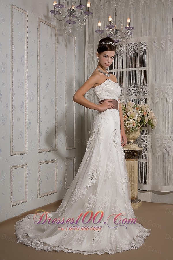 Appliques Lace Court Train Wedding Dress Colored