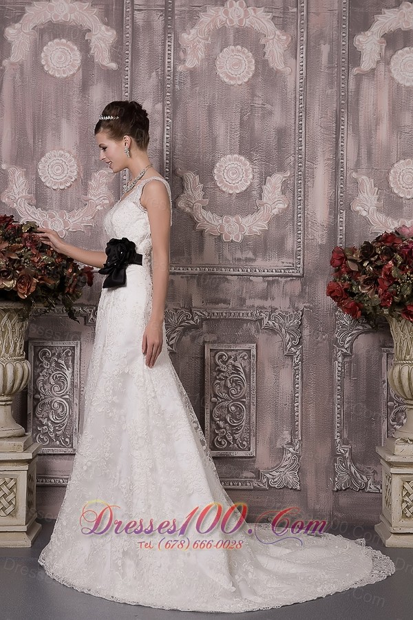 V Neck Court Train Wedding Bridal Gown Colored Sash