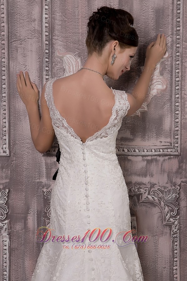 V Neck Court Train Wedding Bridal Gown Colored Sash