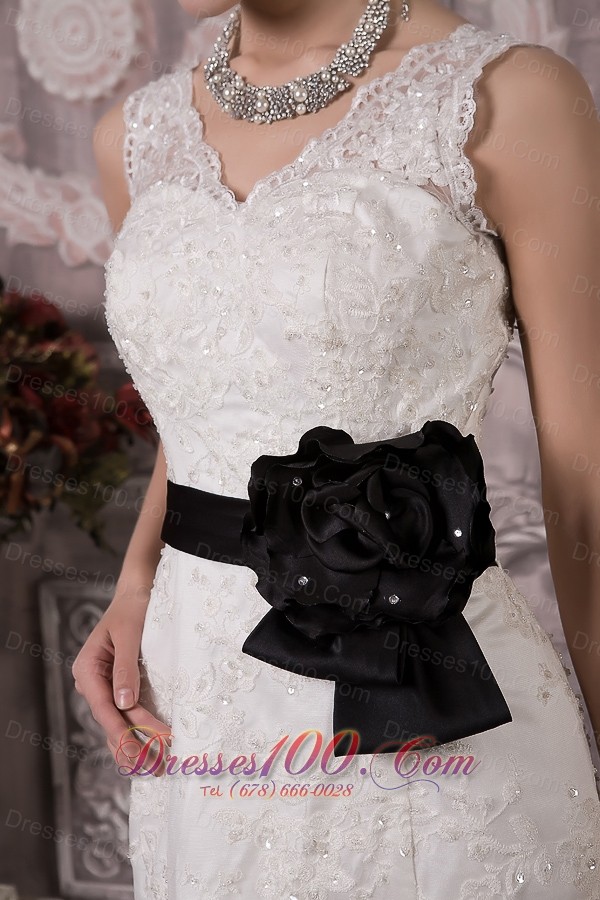 V Neck Court Train Wedding Bridal Gown Colored Sash