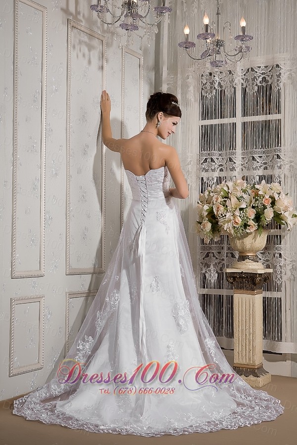 Ruched Lace Sash Wedding Dress Court Train