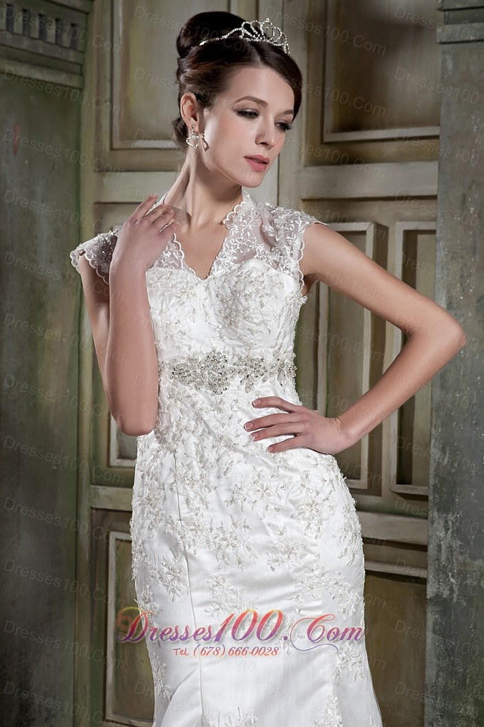 Lace V Neck Mermaid Beaded Court Bridal Dress