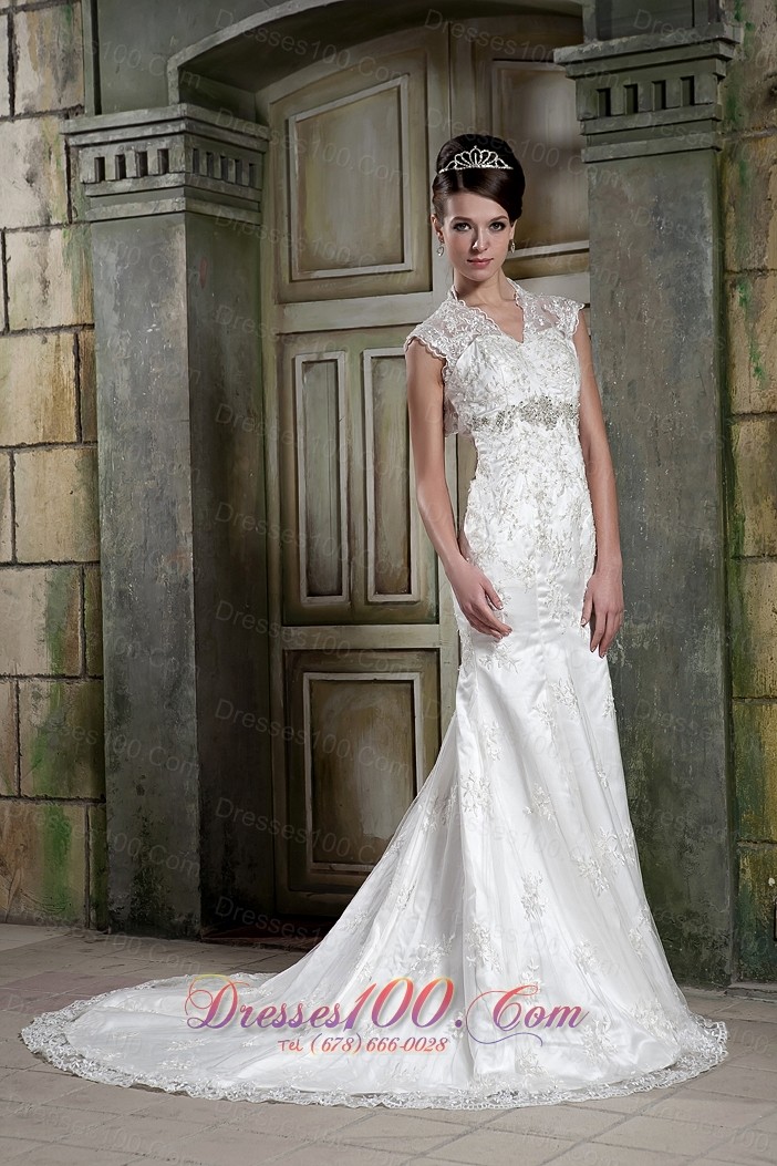 Lace V Neck Mermaid Beaded Court Bridal Dress