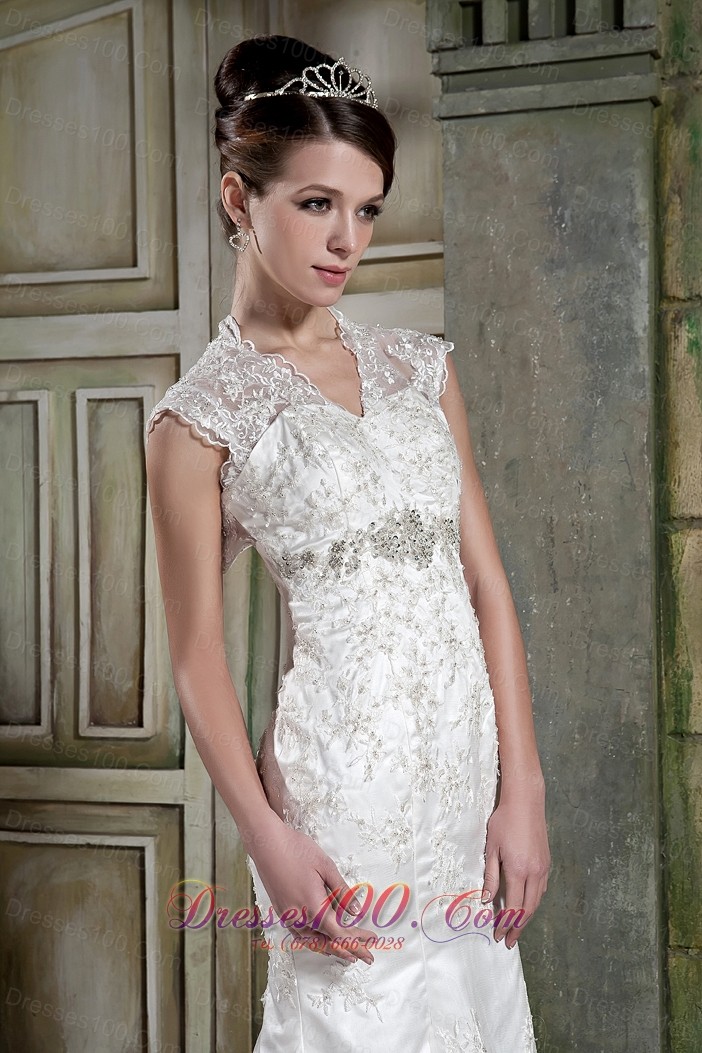 Lace V Neck Mermaid Beaded Court Bridal Dress