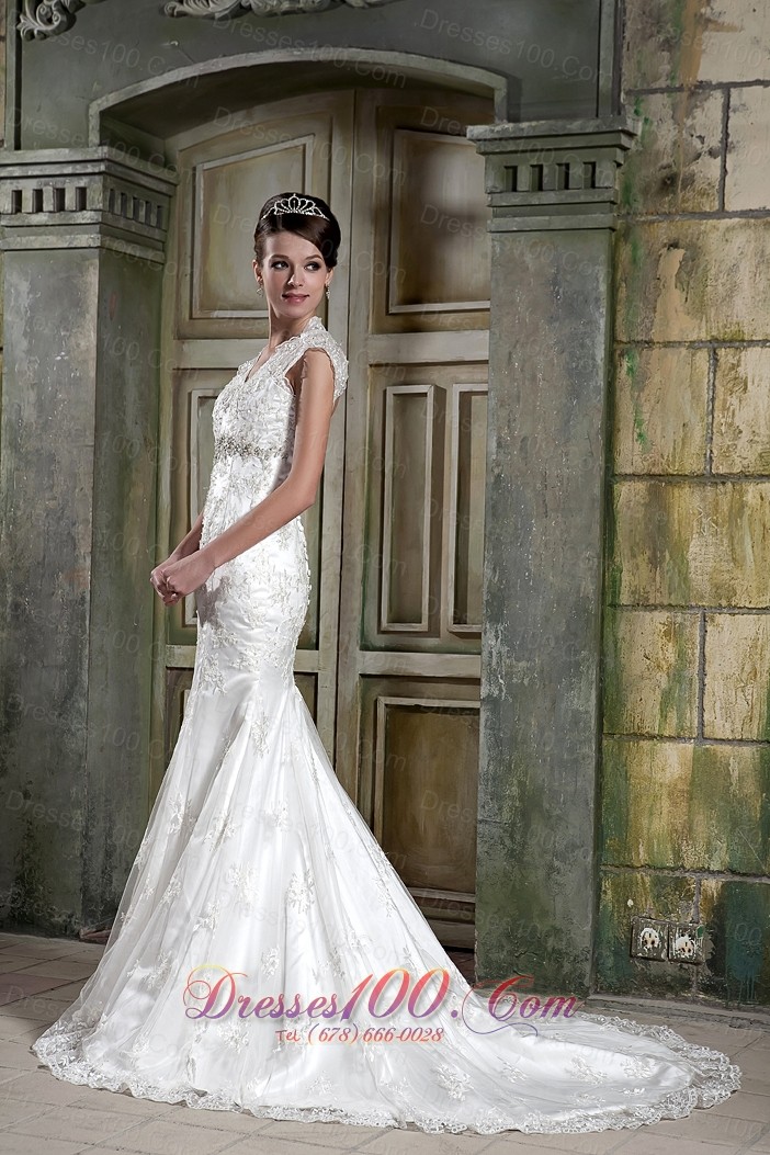 Lace V Neck Mermaid Beaded Court Bridal Dress