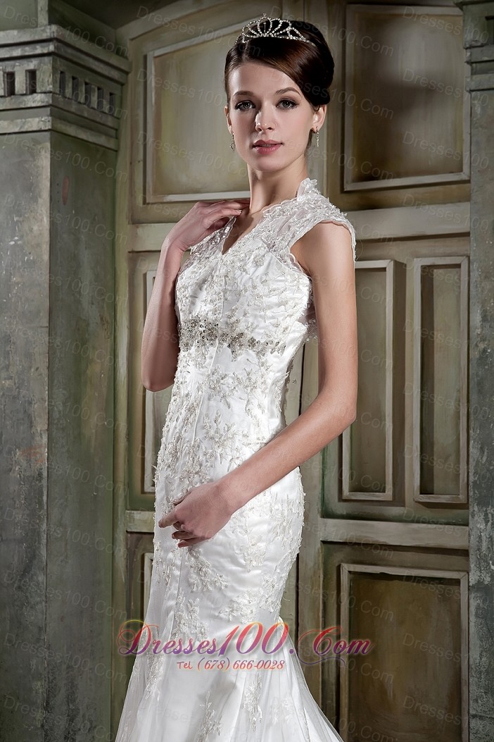 Lace V Neck Mermaid Beaded Court Bridal Dress