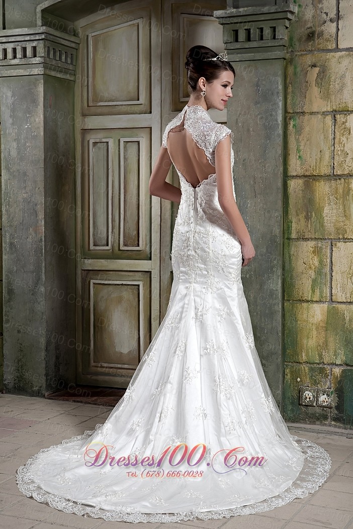 Lace V Neck Mermaid Beaded Court Bridal Dress