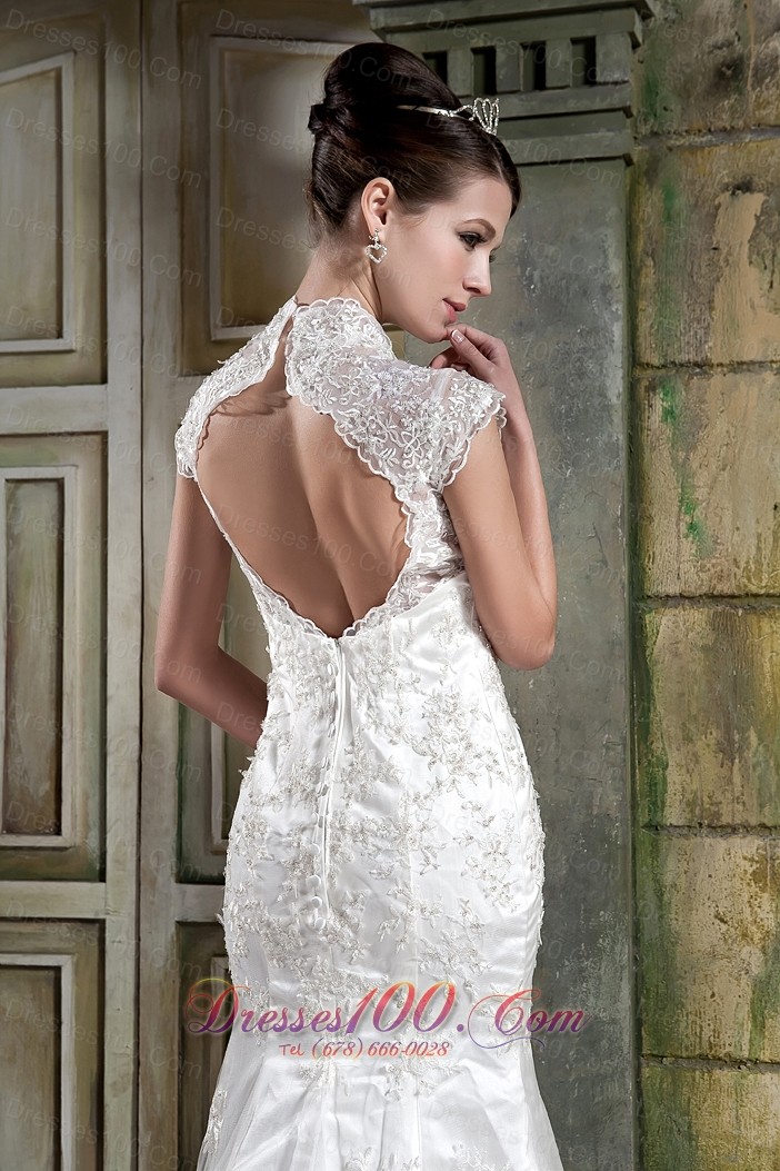 Lace V Neck Mermaid Beaded Court Bridal Dress