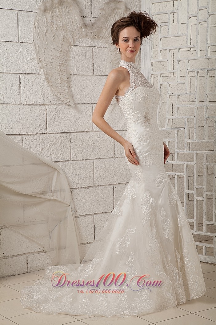 Lace High Neck Mermaid Brush Wedding Dress Appliques