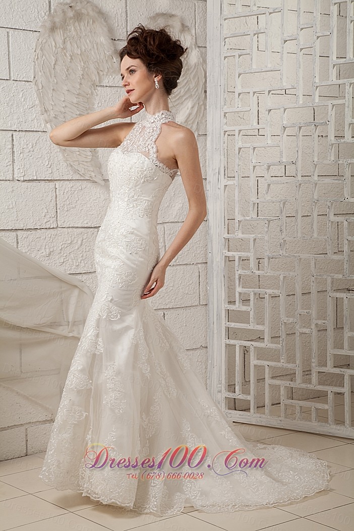 Lace High Neck Mermaid Brush Wedding Dress Appliques
