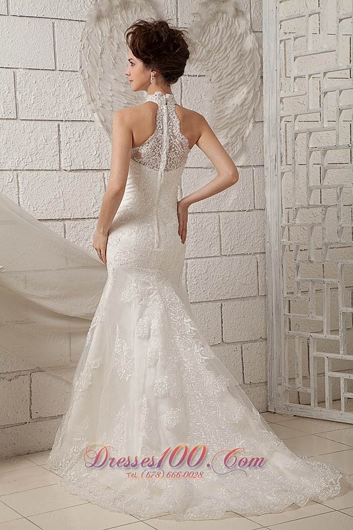 Lace High Neck Mermaid Brush Wedding Dress Appliques