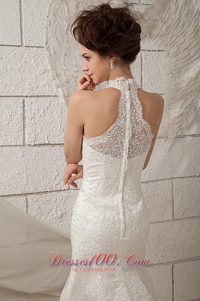 Lace High Neck Mermaid Brush Wedding Dress Appliques