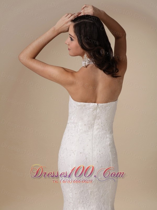 High Neck Mermaid Lace Brush Wedding Gowns
