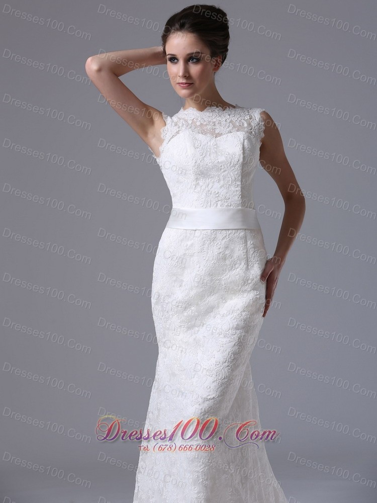 Button Lace Scoop Mermaid Sweep Wedding Dress