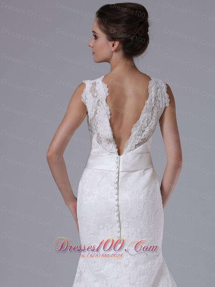 Button Lace Scoop Mermaid Sweep Wedding Dress
