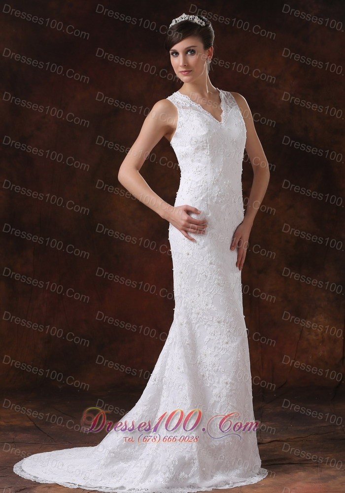 V Neck Mermaid Sweep Wedding Dress Lace For Brides