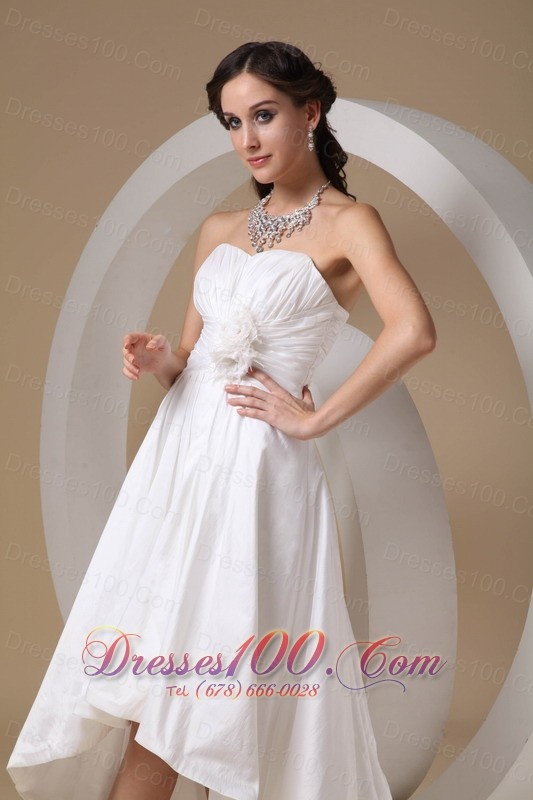 High Low Ruched Flower Taffeta Wedding Bridal Gown