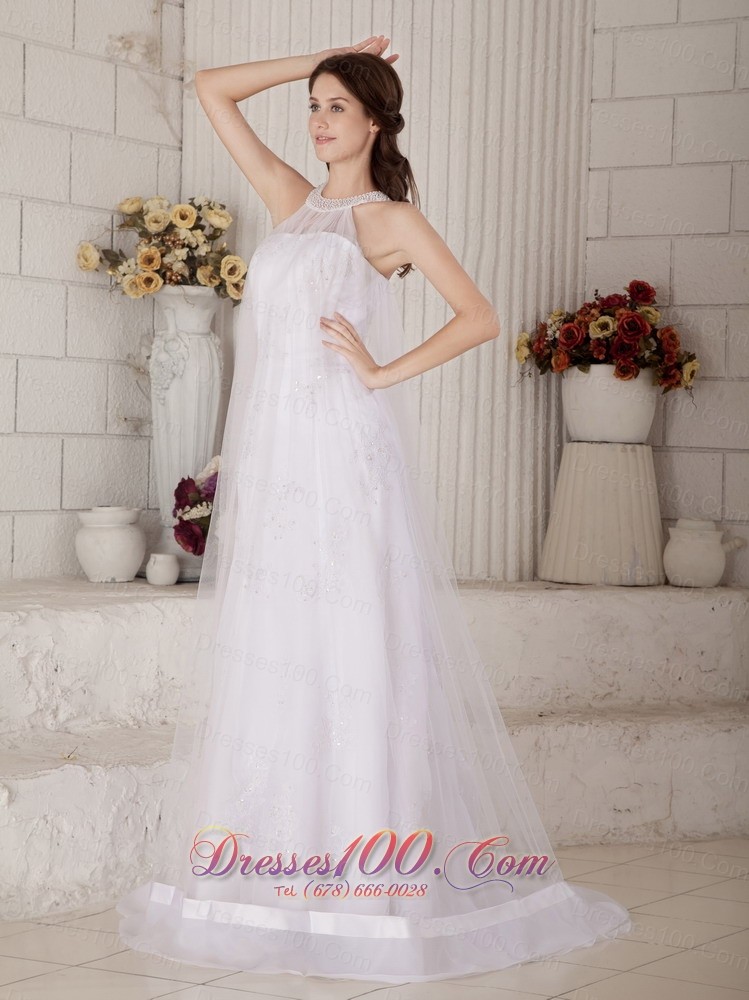 Organza High Neck Beaded Brush Muslim Wedding Dress