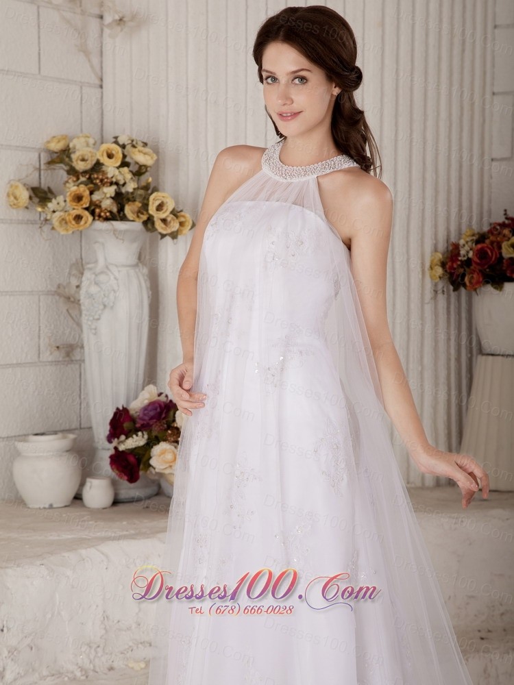 Organza High Neck Beaded Brush Muslim Wedding Dress