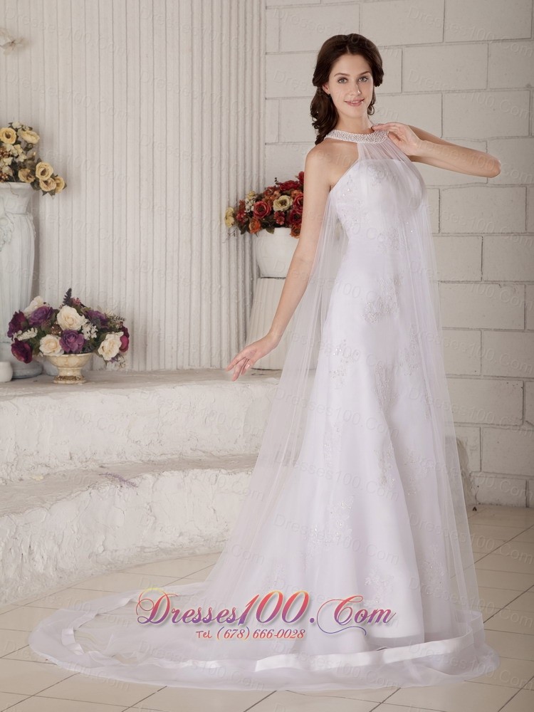 Organza High Neck Beaded Brush Muslim Wedding Dress