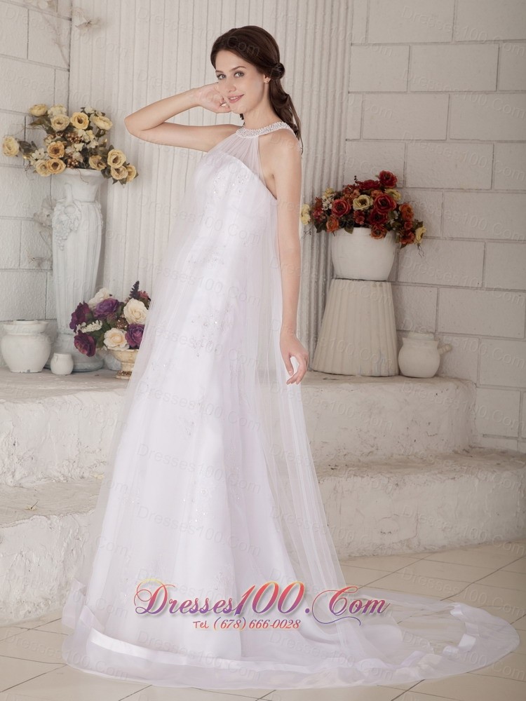Organza High Neck Beaded Brush Muslim Wedding Dress