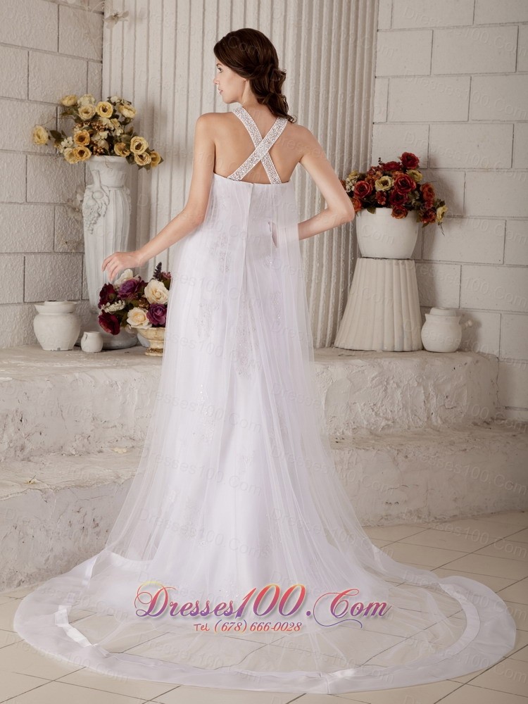 Organza High Neck Beaded Brush Muslim Wedding Dress