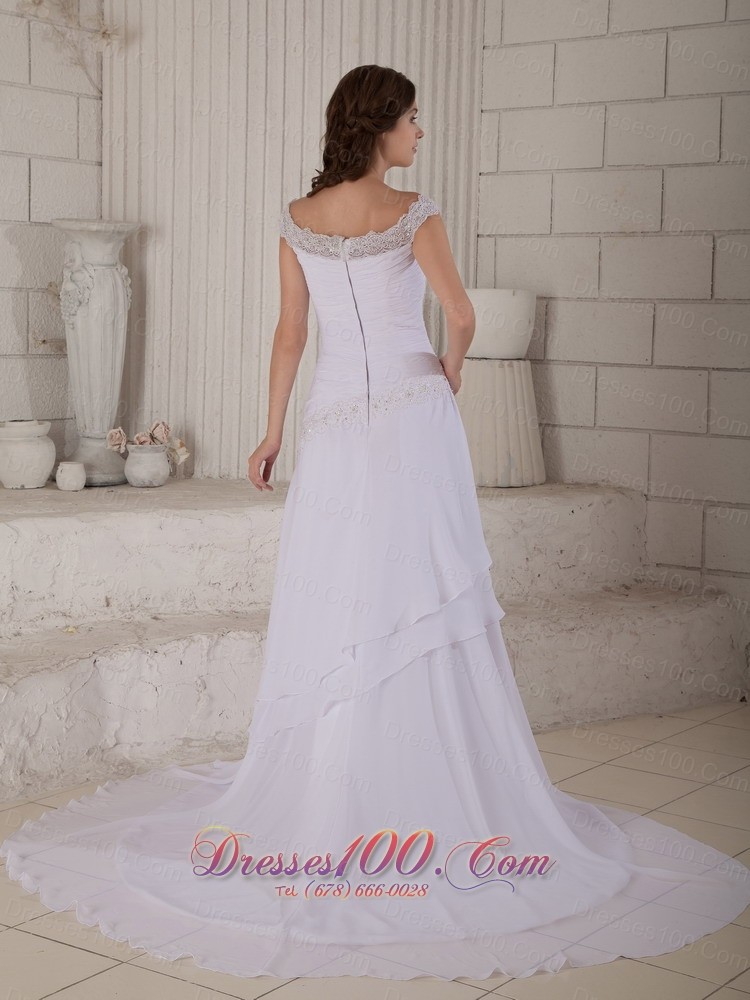 Embroidery Scoop Chiffon Wedding Dress Court Train