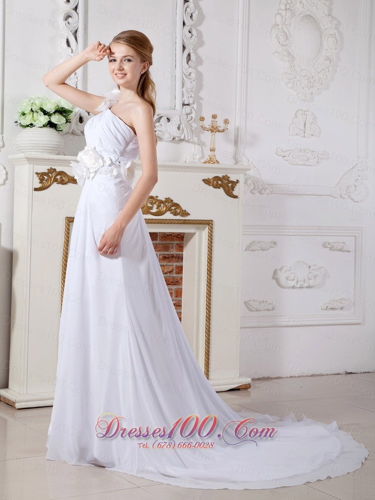 One Shoulder Chiffon Wedding Dress Hand Made Flowers