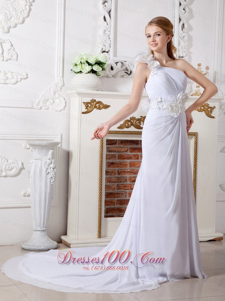 One Shoulder Chiffon Wedding Dress Hand Made Flowers