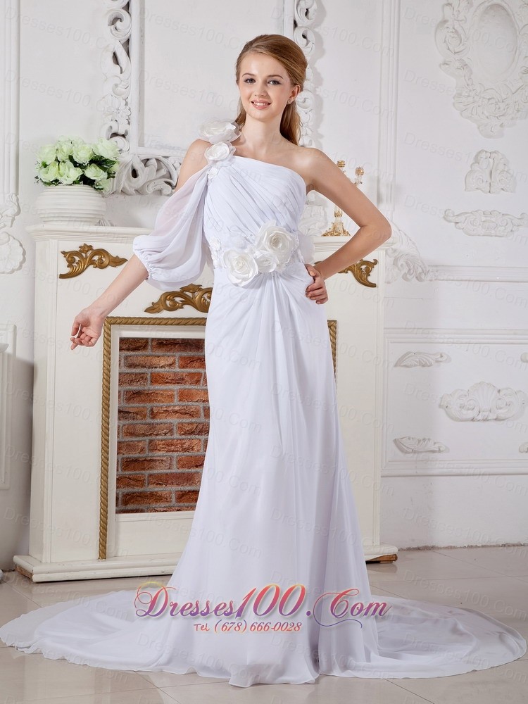One Shoulder Chiffon Wedding Dress Hand Made Flowers