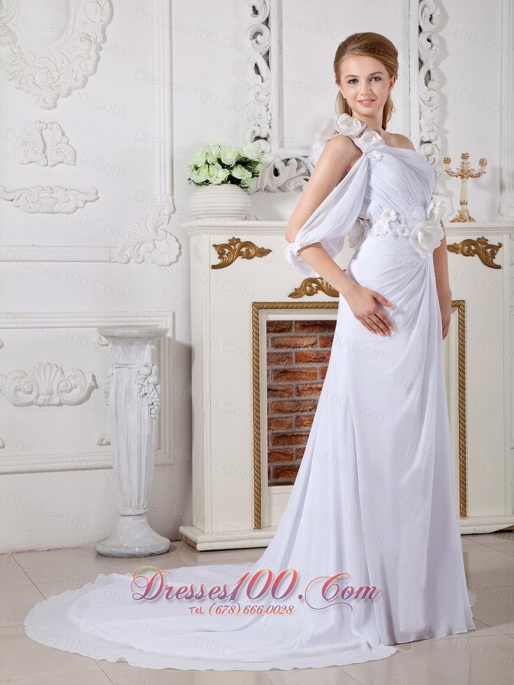 One Shoulder Chiffon Wedding Dress Hand Made Flowers