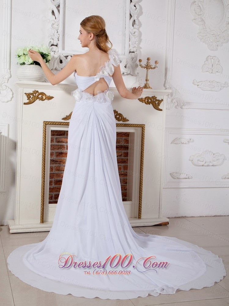 One Shoulder Chiffon Wedding Dress Hand Made Flowers