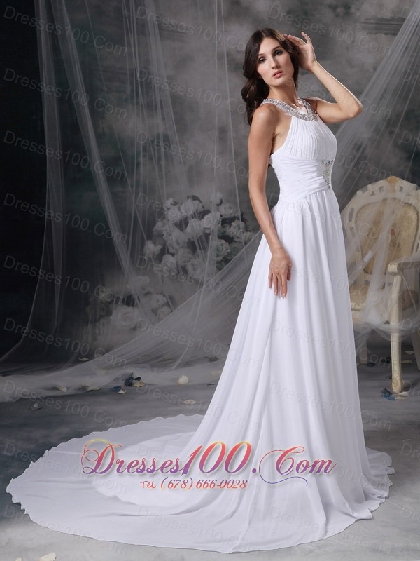 Empire Beading Chiffon Ruched Wedding Dress Train